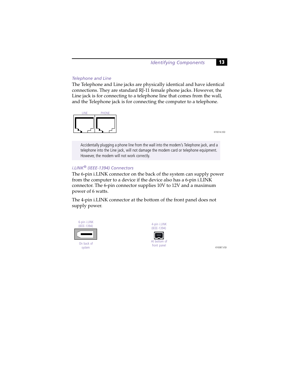 Telephone and line, I.link® (ieee-1394) connectors | Sony PCV-R558DS User Manual | Page 27 / 118