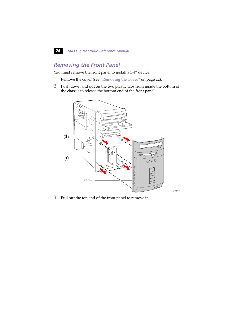 Removing the front panel | Sony PCV-R558DS User Manual | Page 38 / 118