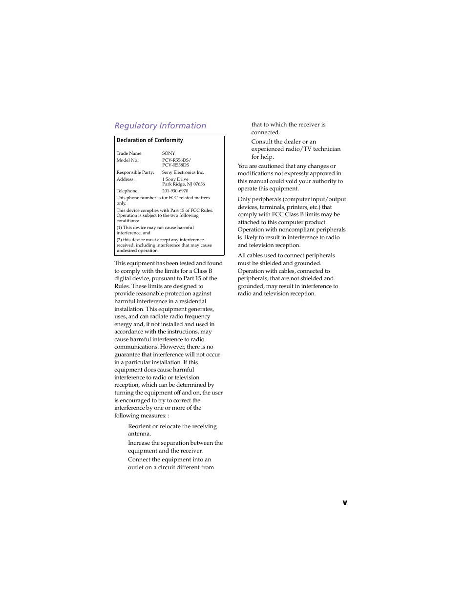 Regulatory information, Vregulatory information | Sony PCV-R558DS User Manual | Page 5 / 118