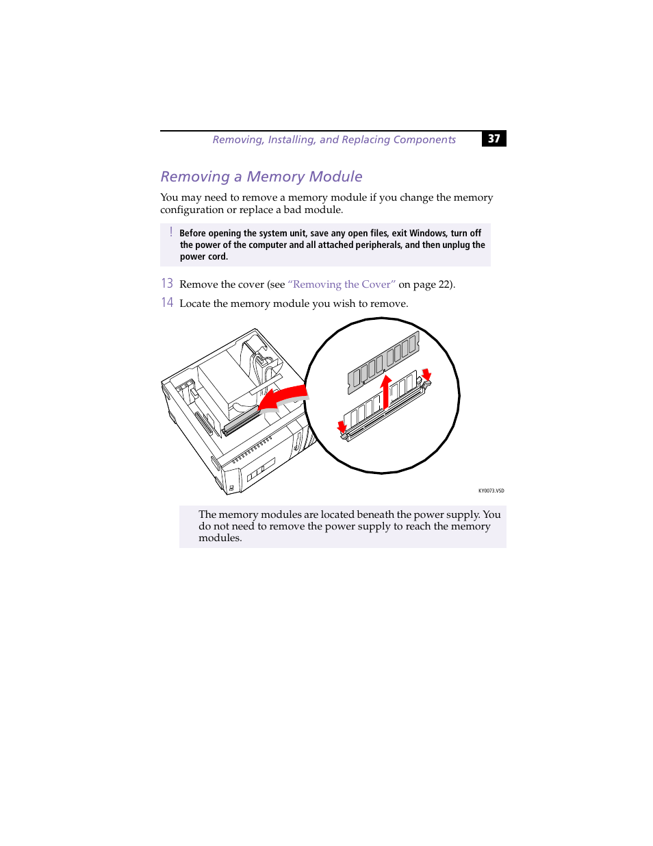 Removing a memory module | Sony PCV-R558DS User Manual | Page 51 / 118