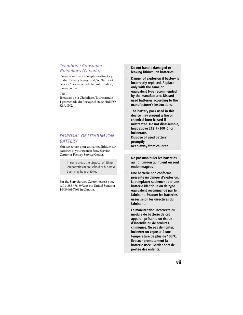 Telephone consumer guidelines (canada), Disposal of lithium ion battery | Sony PCV-R558DS User Manual | Page 7 / 118