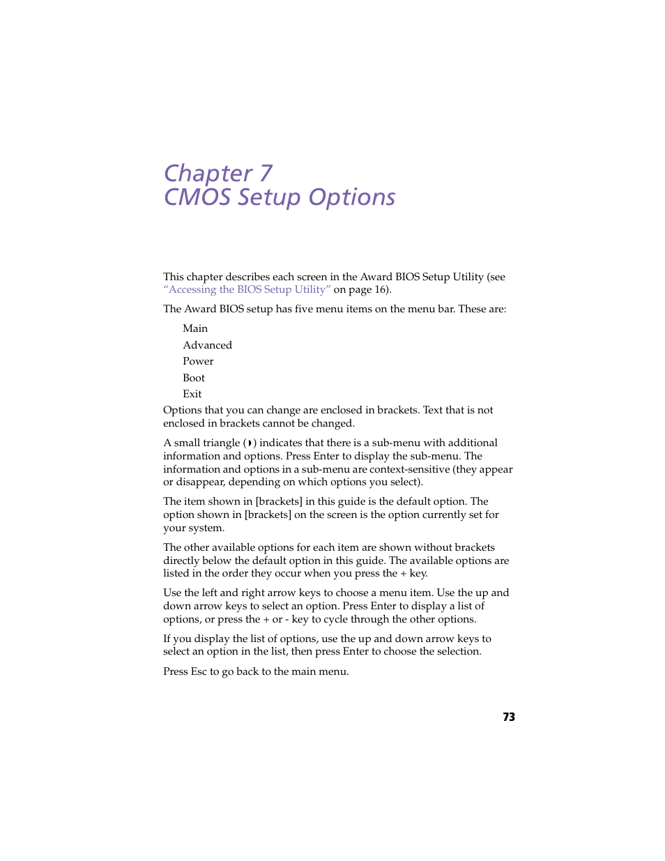 Cmos setup options, Chapter 7 — cmos setup options, Cmos | Setup options, Chapter 7 cmos setup options | Sony PCV-R558DS User Manual | Page 87 / 118