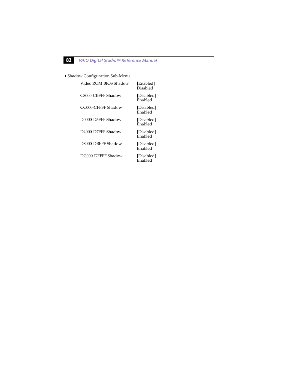 Shadow configuration sub-menu | Sony PCV-R558DS User Manual | Page 96 / 118