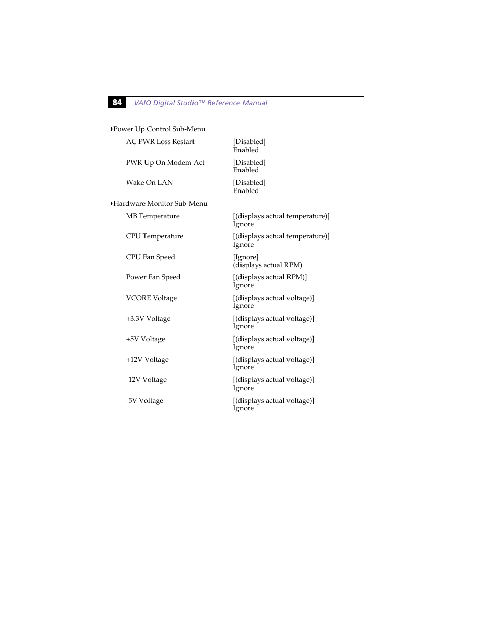 Power up control sub-menu, Hardware monitor sub-menu | Sony PCV-R558DS User Manual | Page 98 / 118