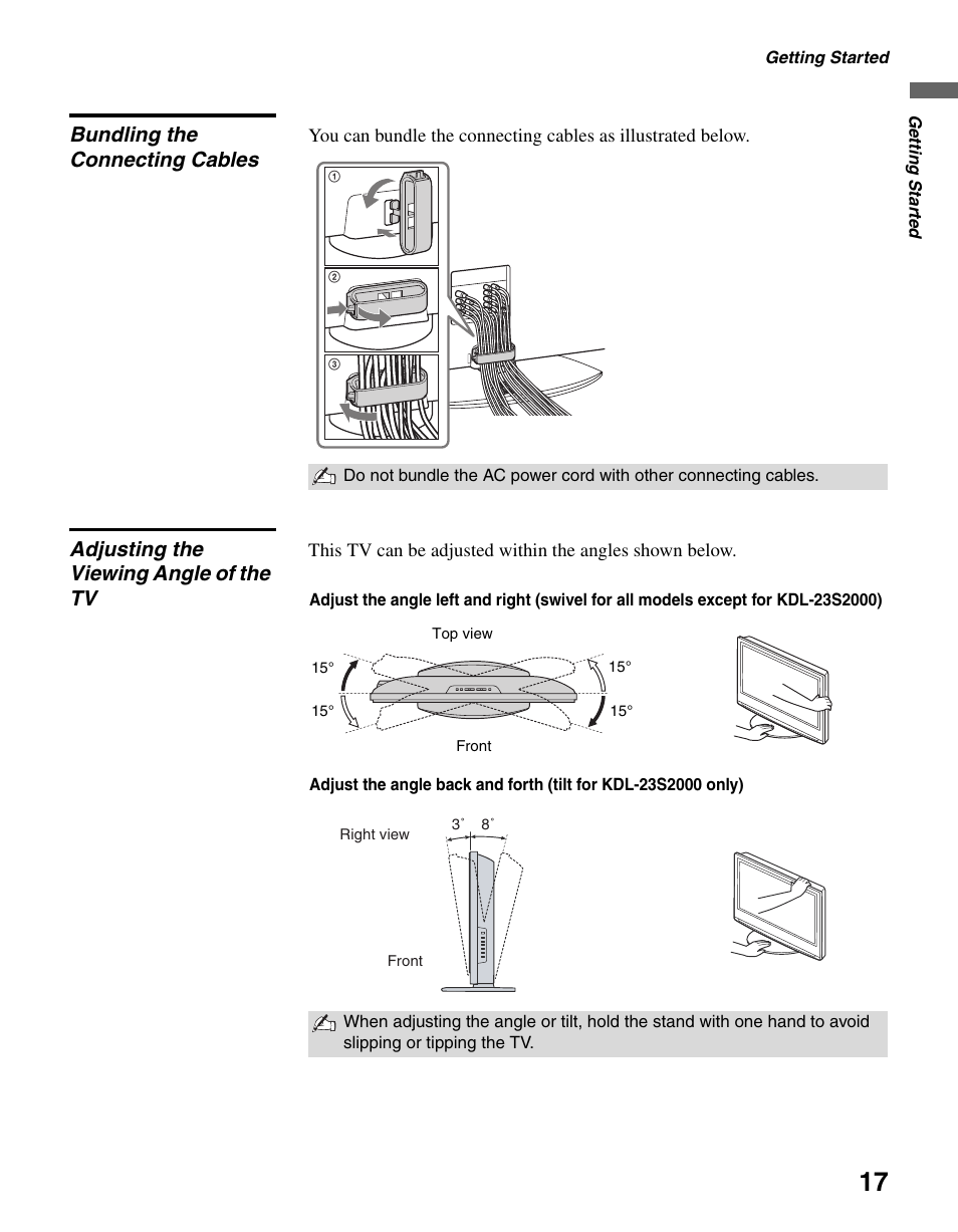 Bundling the connecting cables, Adjusting the viewing angle of the tv | Sony KDL-40S2000 User Manual | Page 17 / 48