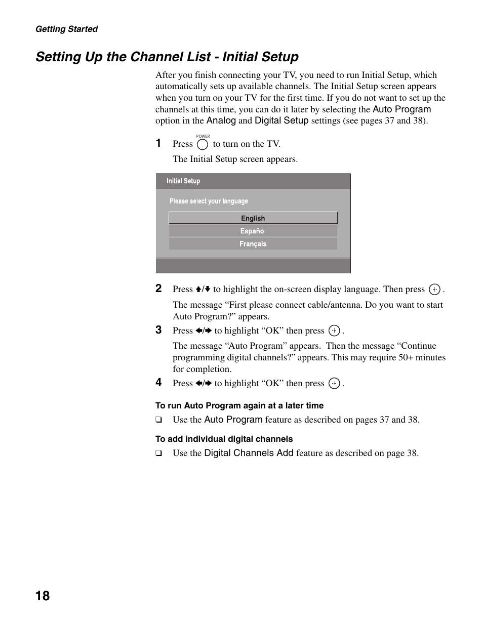 Setting up the channel list - initial setup, 18 setting up the channel list - initial setup | Sony KDL-40S2000 User Manual | Page 18 / 48