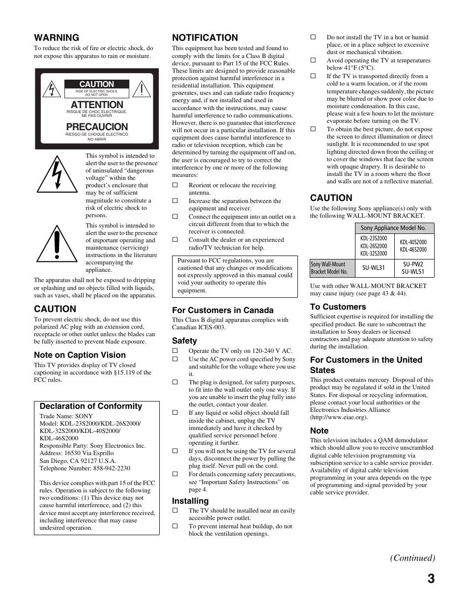 Attention, Precaucion, Warning | Caution, Notification, Continued) | Sony KDL-40S2000 User Manual | Page 3 / 48