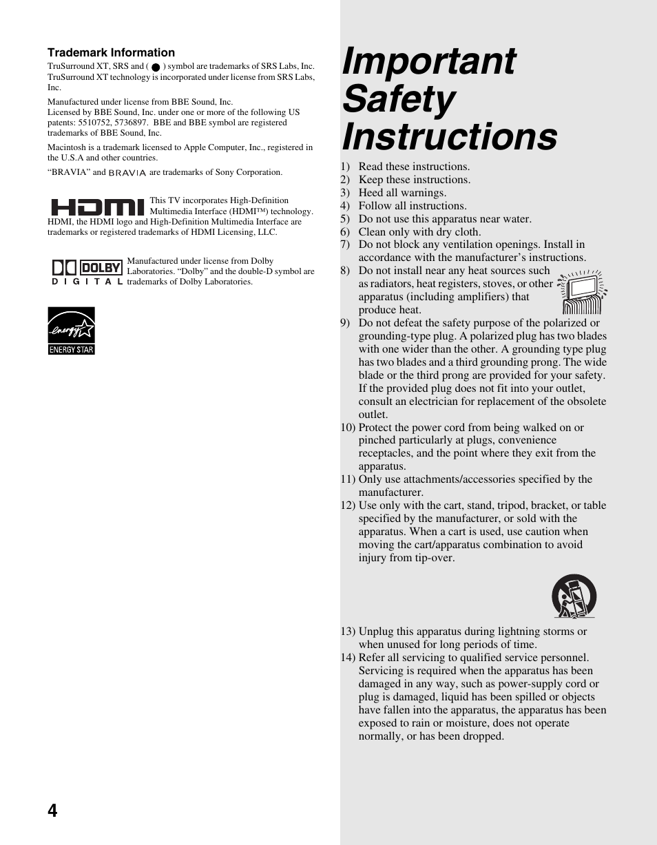 Important safety instructions | Sony KDL-40S2000 User Manual | Page 4 / 48