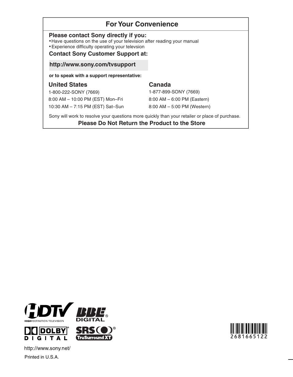For your convenience, United states, Canada | Sony KDL-40S2000 User Manual | Page 48 / 48