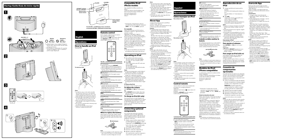English operations, Startup guide/guía de inicio rápido, Español operaciones | Compatible ipod/ iphone models, Operating an ipod, Connecting optional components, About app, How to handle an ipod, Remote control, Reproducción de un ipod | Sony RDP-M7iPN User Manual | Page 2 / 2
