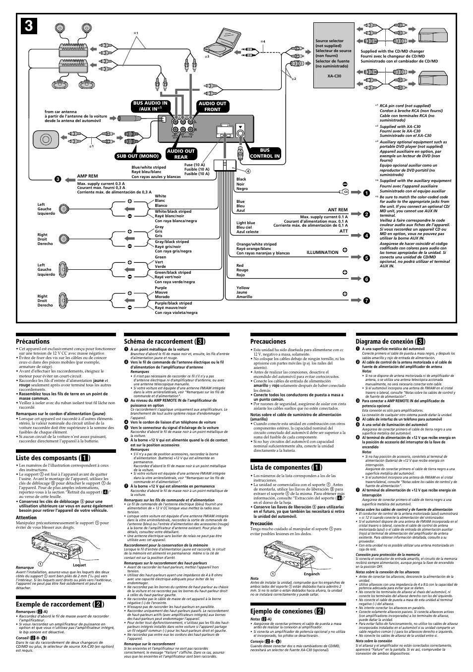 Précautions, Liste des composants ( 1 ), Exemple de raccordement ( 2 ) | Schéma de raccordement ( 3 ), Precauciones, Lista de componentes ( 1 ), Ejemplo de conexiones ( 2 ), Diagrama de conexión ( 3 ) | Sony CDX-M800MP User Manual | Page 2 / 4