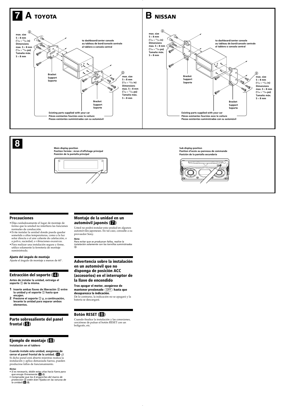 Toyota, Nissan, Precauciones | Extracción del soporte ( 4 ), Montaje de la unidad en un automóvil japonés ( 7 ), Botón reset ( 8 ) | Sony CDX-M800MP User Manual | Page 4 / 4