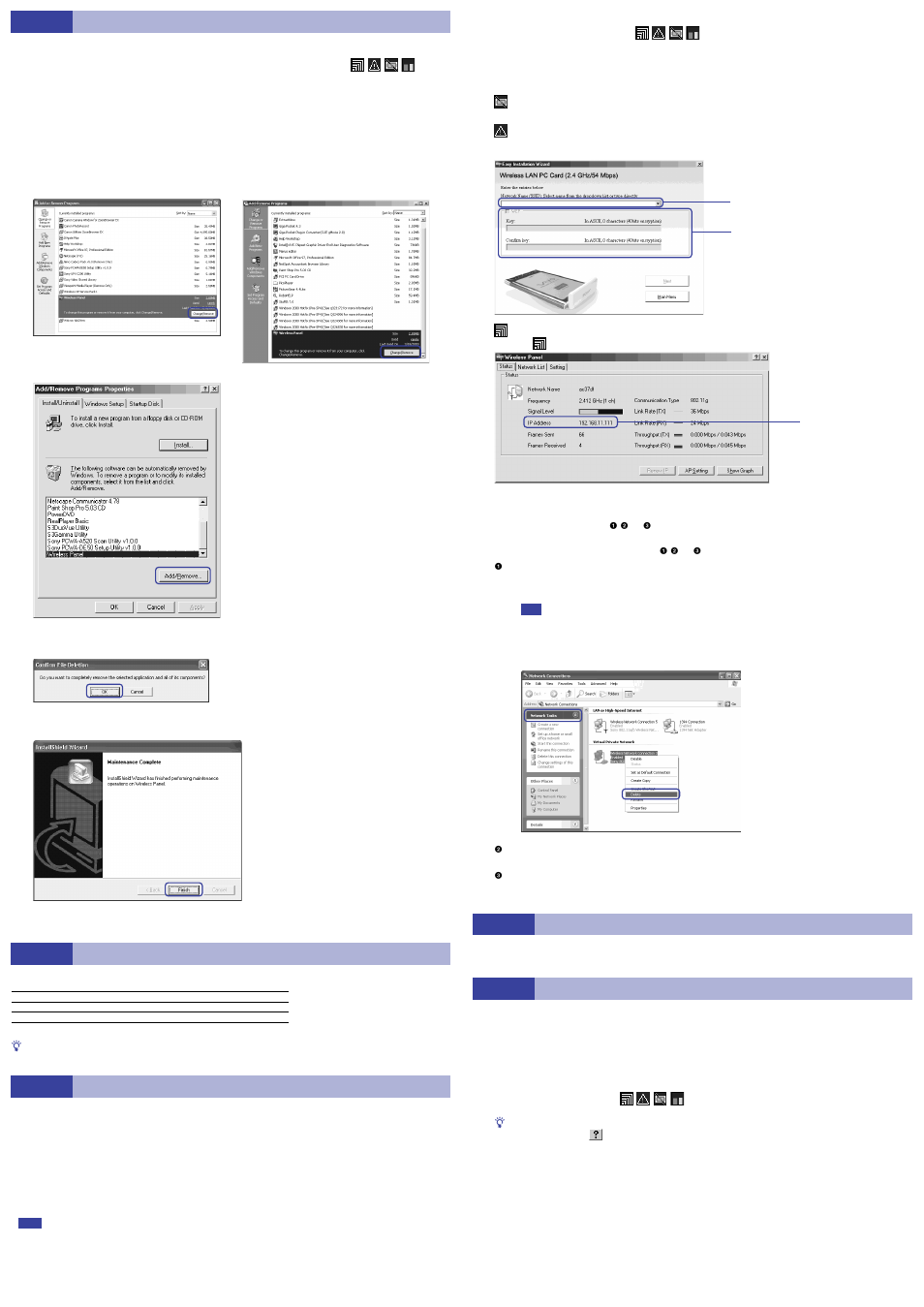 Case 2 cannot install wireless panel, Case 3 cannot input the encryption key, Case 4 cannot establish a connection | Case 5 cannot configure the access point, Case 6 you do not know how to use wireless panel | Sony PCWA-C300S User Manual | Page 2 / 2