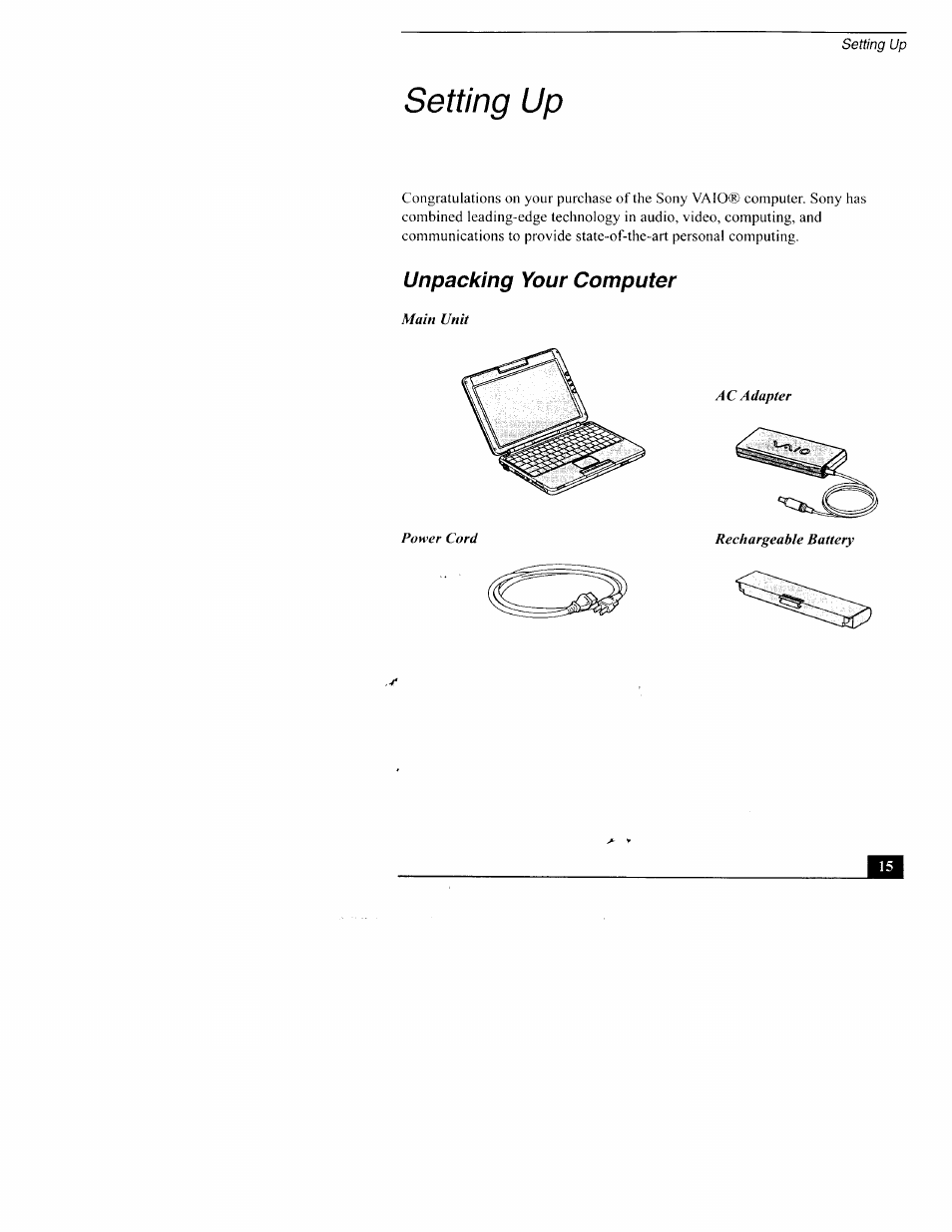 Setting up, Unpacking your computer | Sony PCG-TR3AP2 User Manual | Page 15 / 39