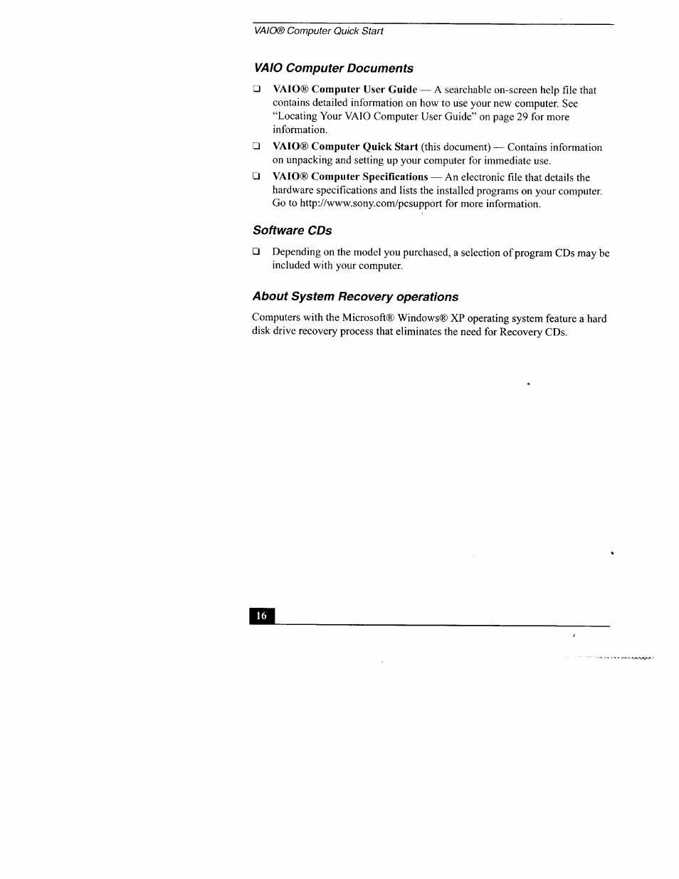 Vaio computer documents, Software cds, About system recovery operations | Sony PCG-TR3AP2 User Manual | Page 16 / 39