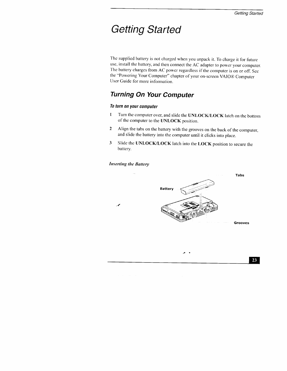 Getting started, Turning on your computer | Sony PCG-TR3AP2 User Manual | Page 23 / 39