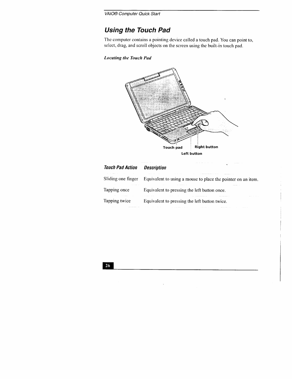 Using the touch pad, Touch pad action description, Using the toueh pad | Sony PCG-TR3AP2 User Manual | Page 26 / 39