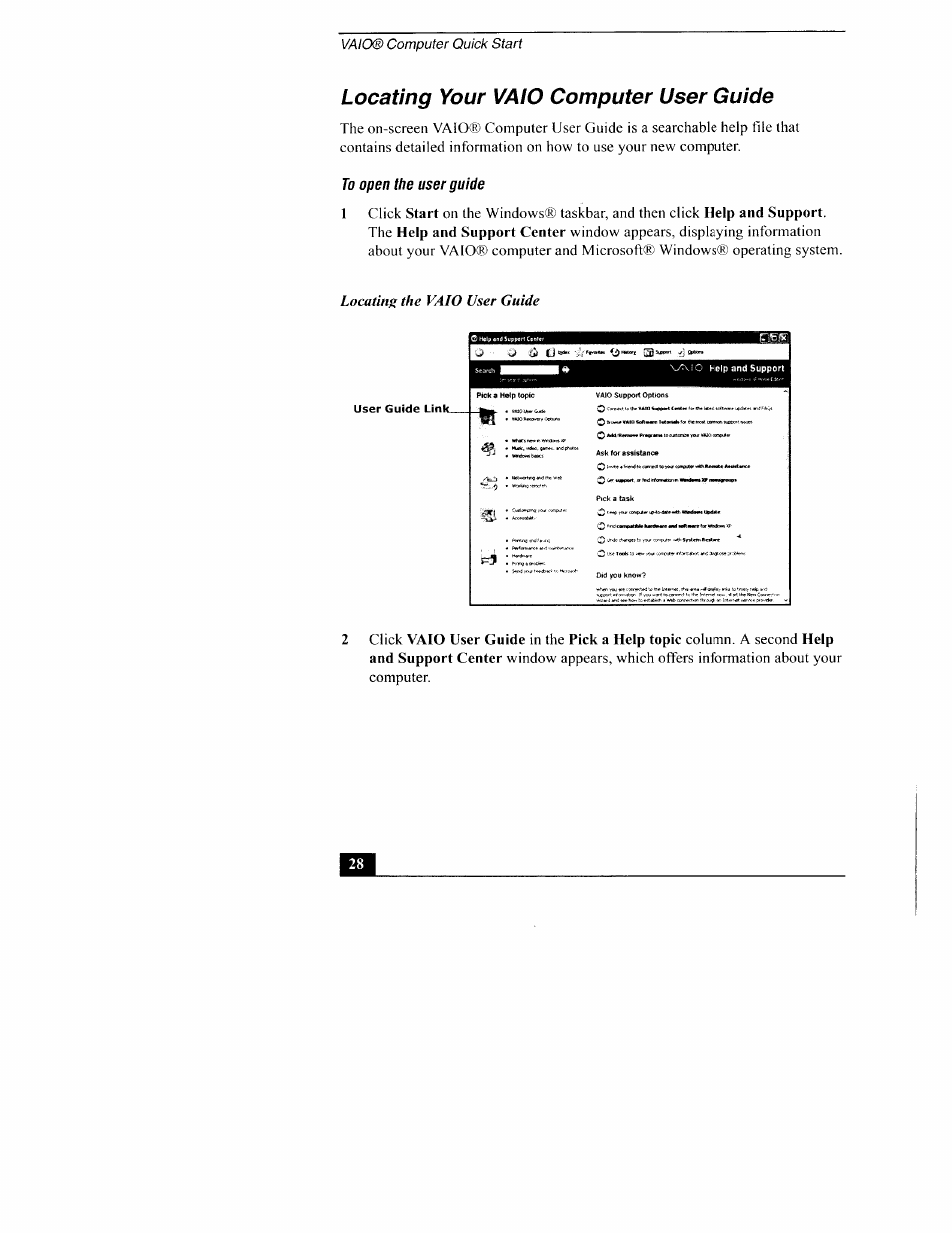 Locating your vaio computer user guide, To open the user guide, Vaio® computer quick start | Sony PCG-TR3AP2 User Manual | Page 28 / 39