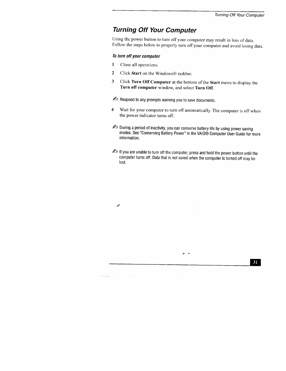 Turning off your computer, To turn off your computer | Sony PCG-TR3AP2 User Manual | Page 31 / 39