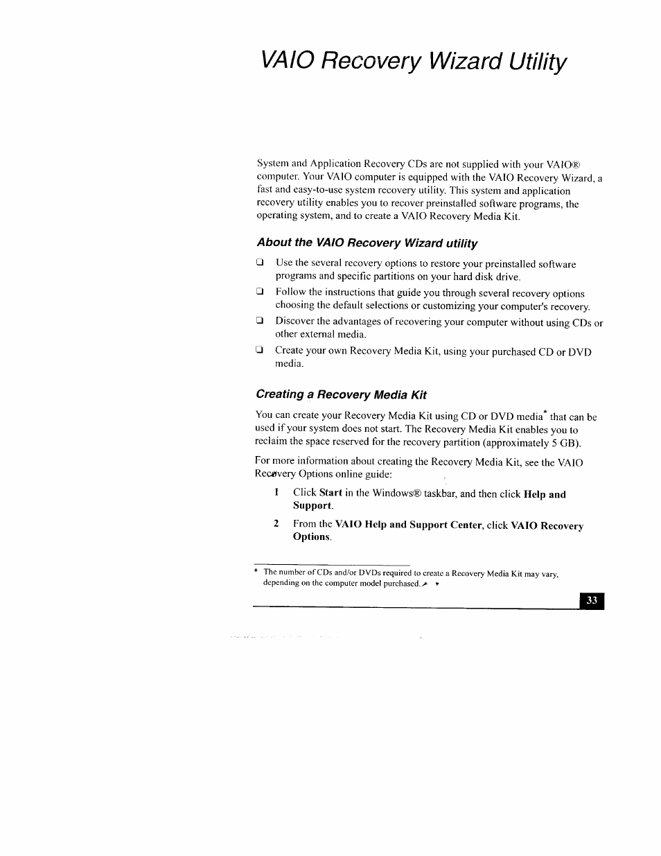 Vaio recovery wizard utility, About the vaio recovery wizard utility, Creating a recovery media kit | Sony PCG-TR3AP2 User Manual | Page 33 / 39