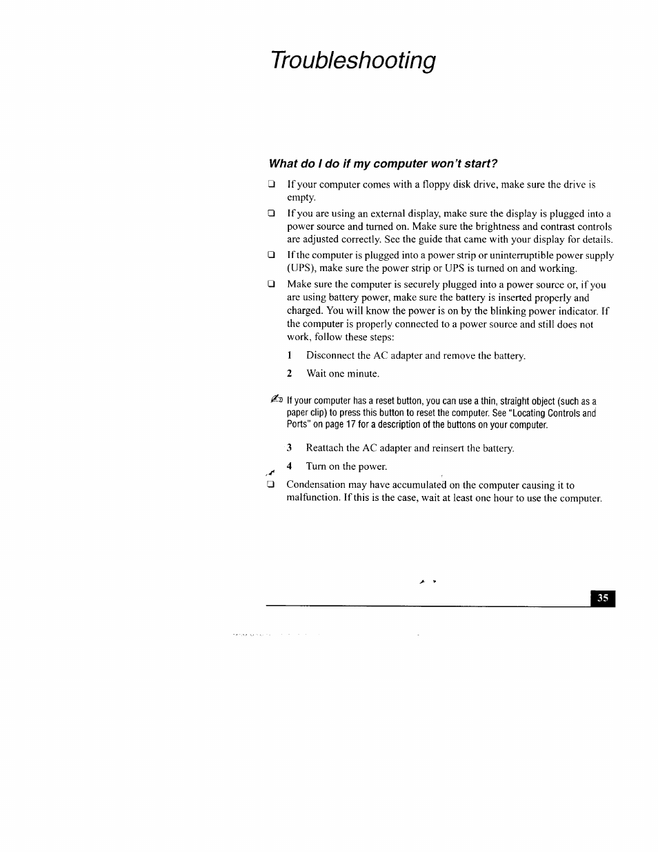 Troubleshooting, What do i do if my computer won’t start | Sony PCG-TR3AP2 User Manual | Page 35 / 39