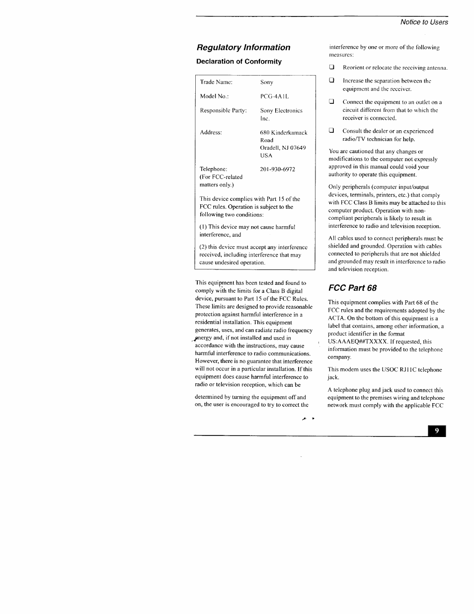 Regulatory information, Fcc part 68 | Sony PCG-TR3AP2 User Manual | Page 9 / 39