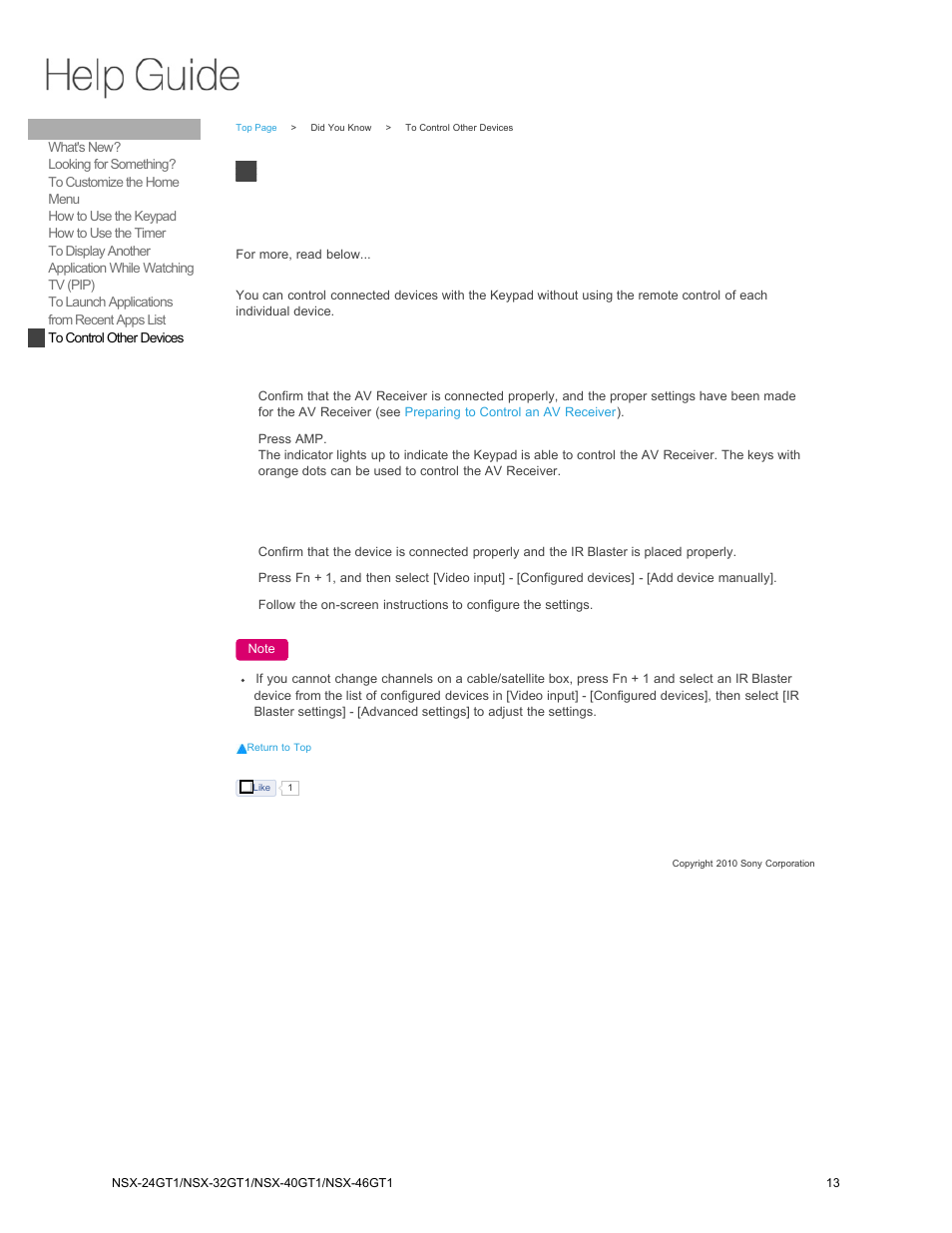 To control other devices | Sony NSX-32GT1 User Manual | Page 13 / 103