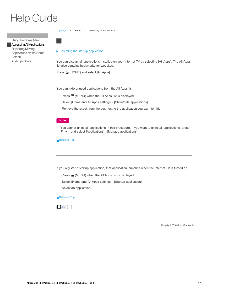 Accessing all applications, Selecting a startup application | Sony NSX-32GT1 User Manual | Page 17 / 103