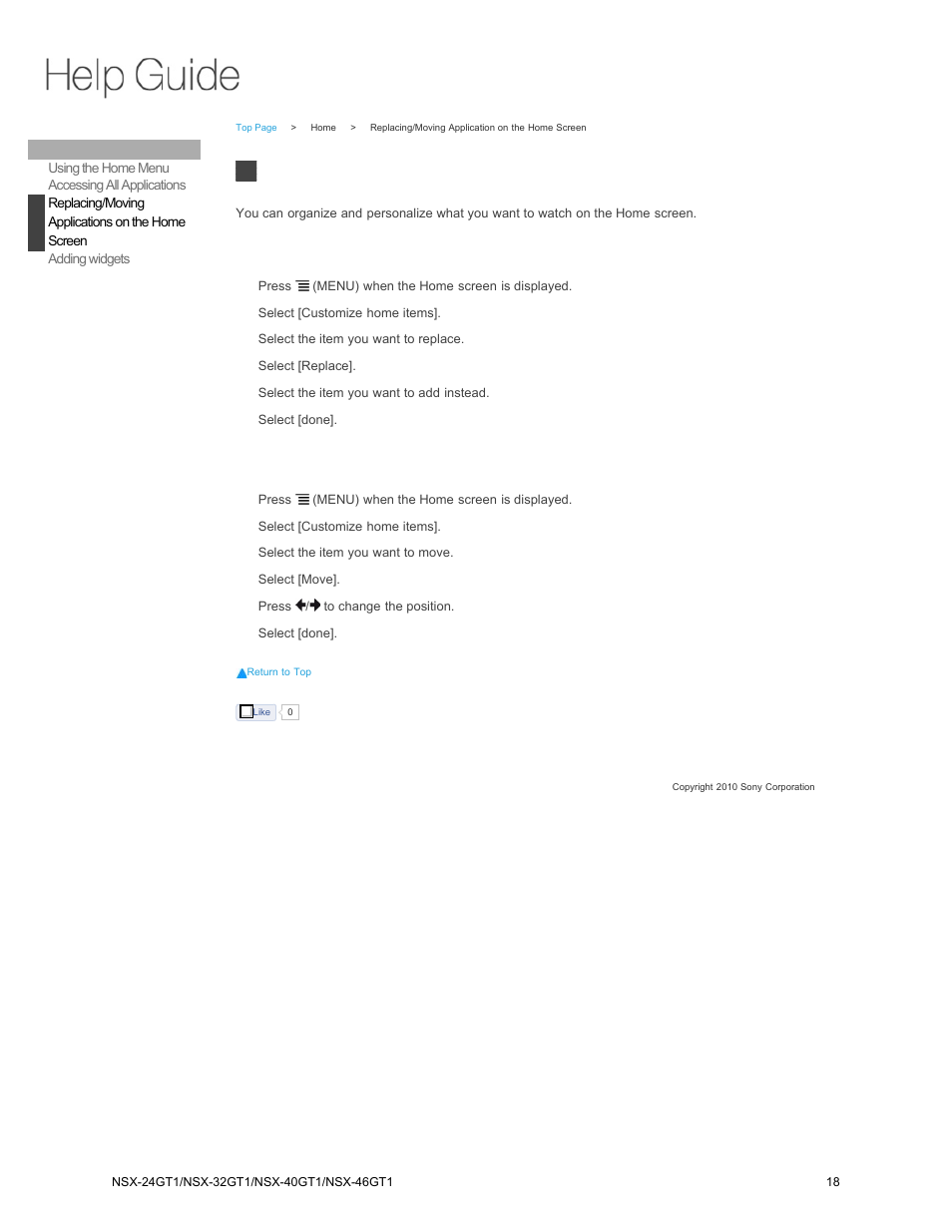 Replacing/moving, Applications on the home, Screen | Replacing/moving applications on the home screen | Sony NSX-32GT1 User Manual | Page 18 / 103