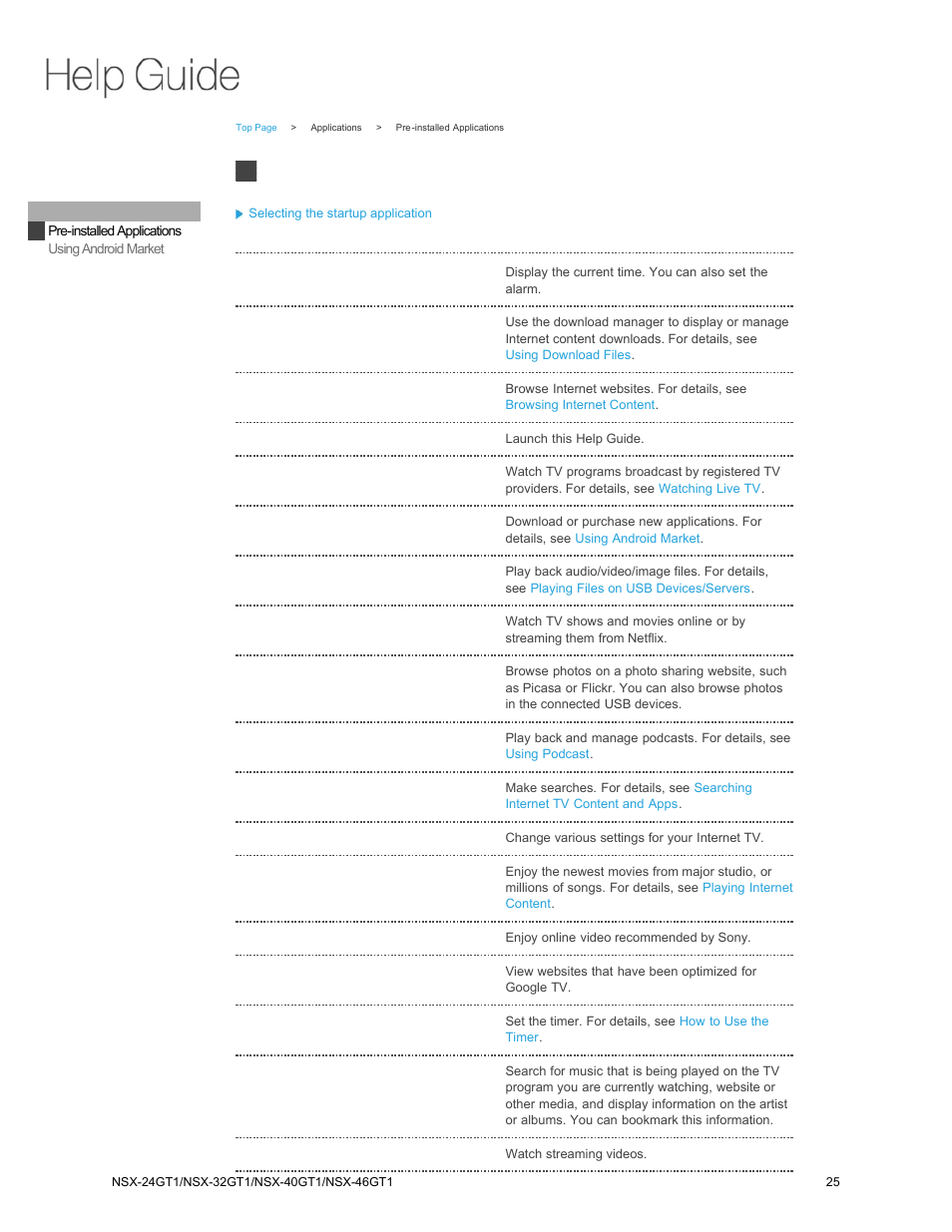 Using applications, Pre-installed applications | Sony NSX-32GT1 User Manual | Page 25 / 103