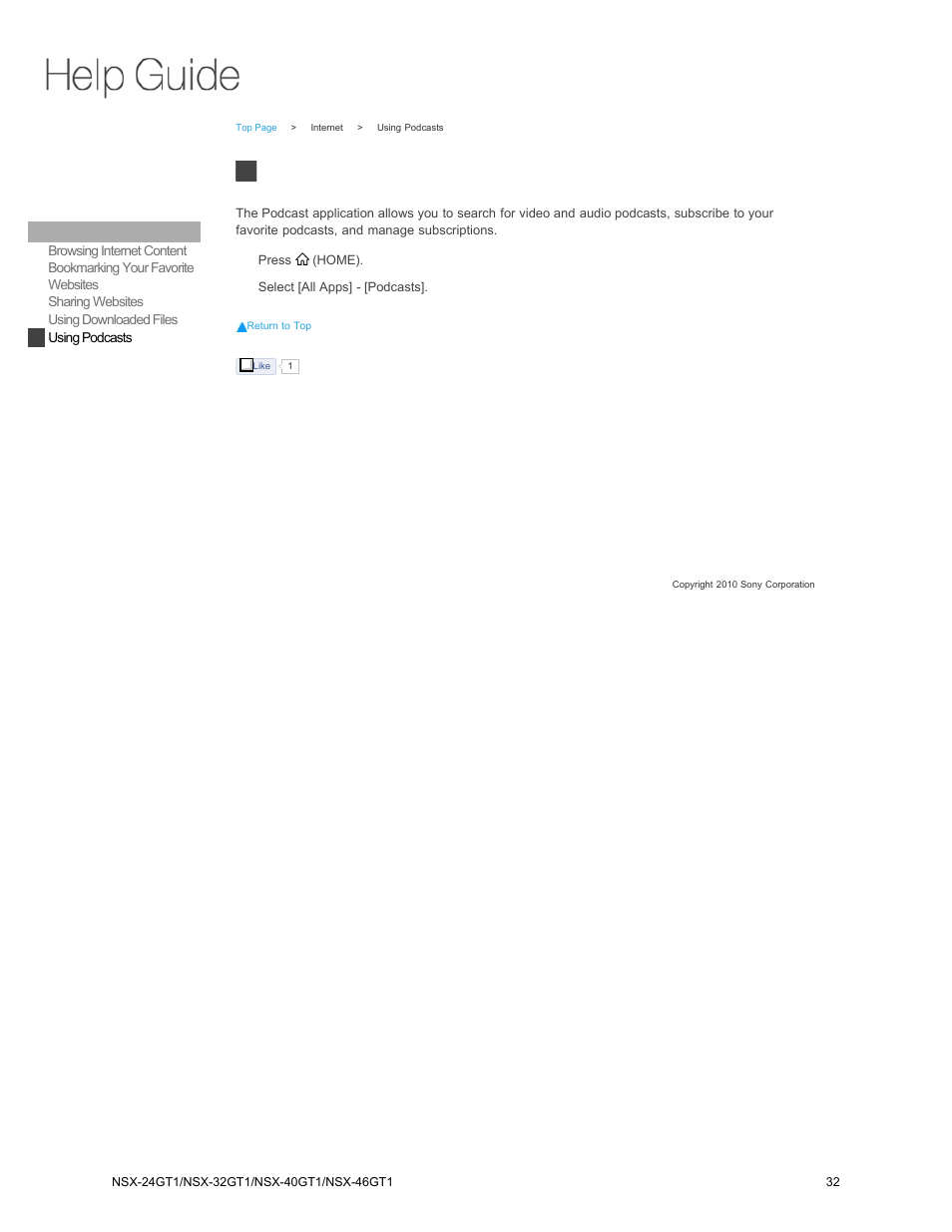 Using podcast, Using podcasts | Sony NSX-32GT1 User Manual | Page 32 / 103