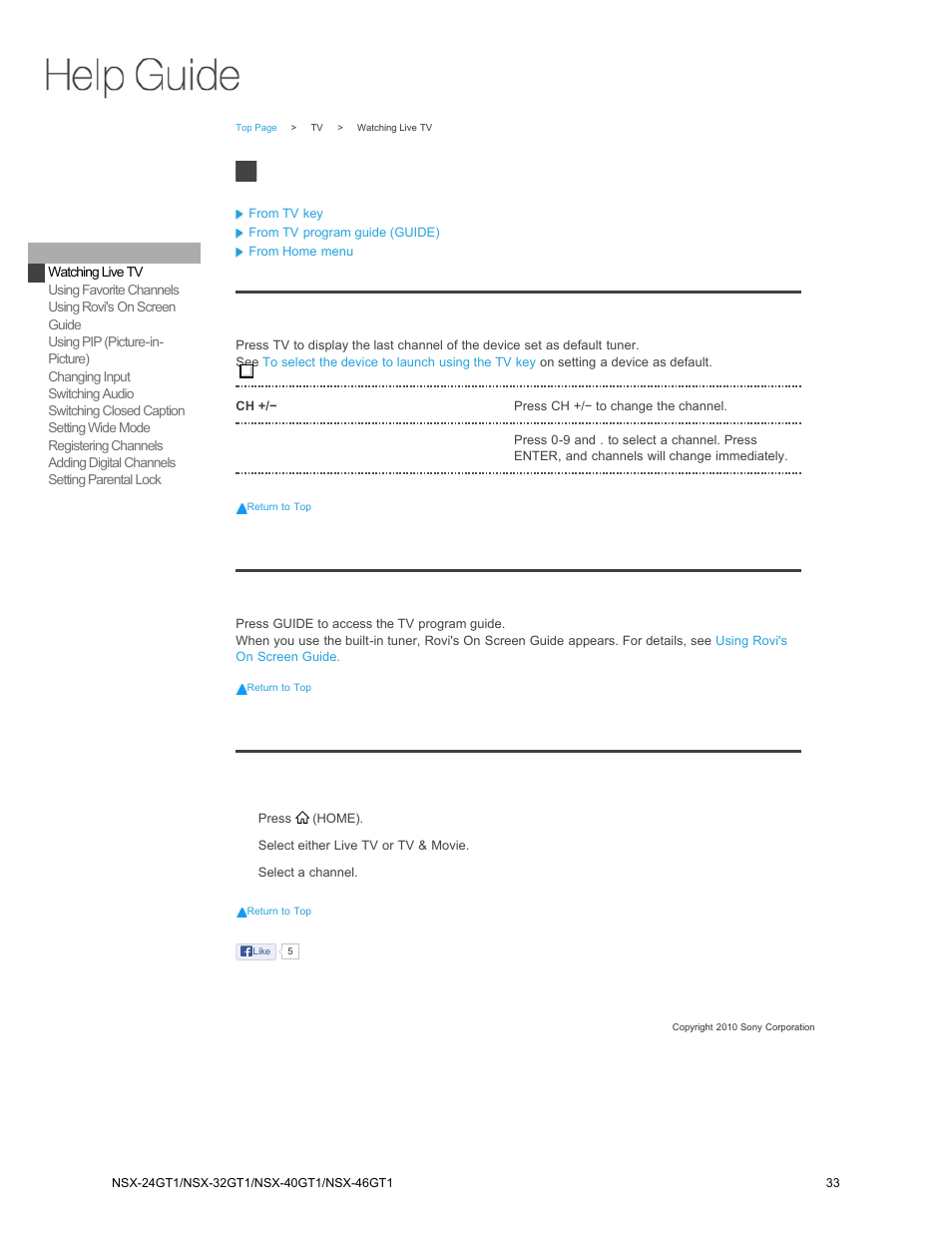 Watching live tv, From tv program guide (guide) | Sony NSX-32GT1 User Manual | Page 33 / 103