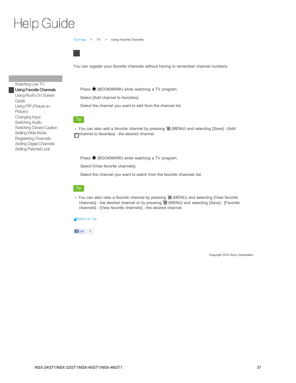 Using favorite channels | Sony NSX-32GT1 User Manual | Page 37 / 103