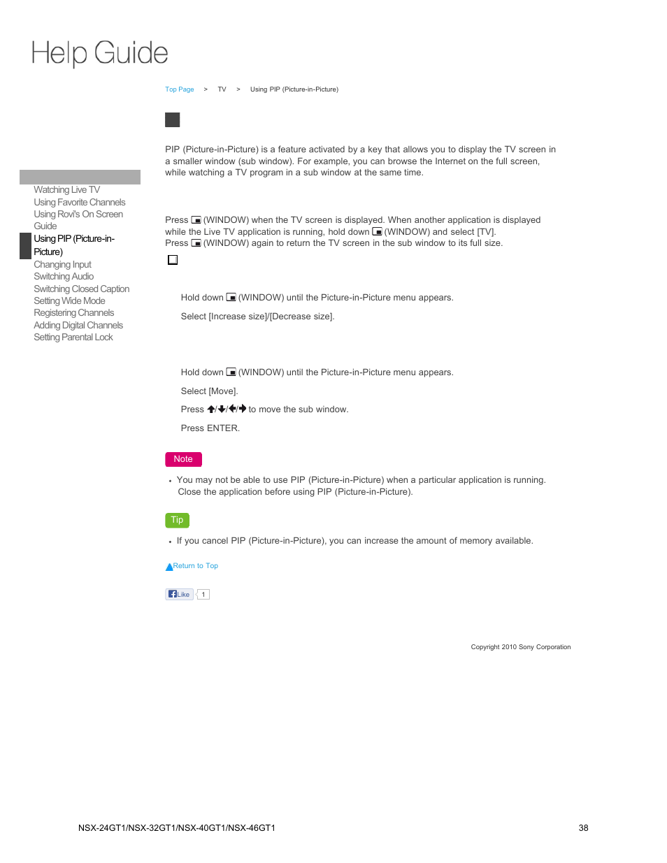 Using pip (picture-in, Picture), Using pip (picture-in-picture) | Sony NSX-32GT1 User Manual | Page 38 / 103