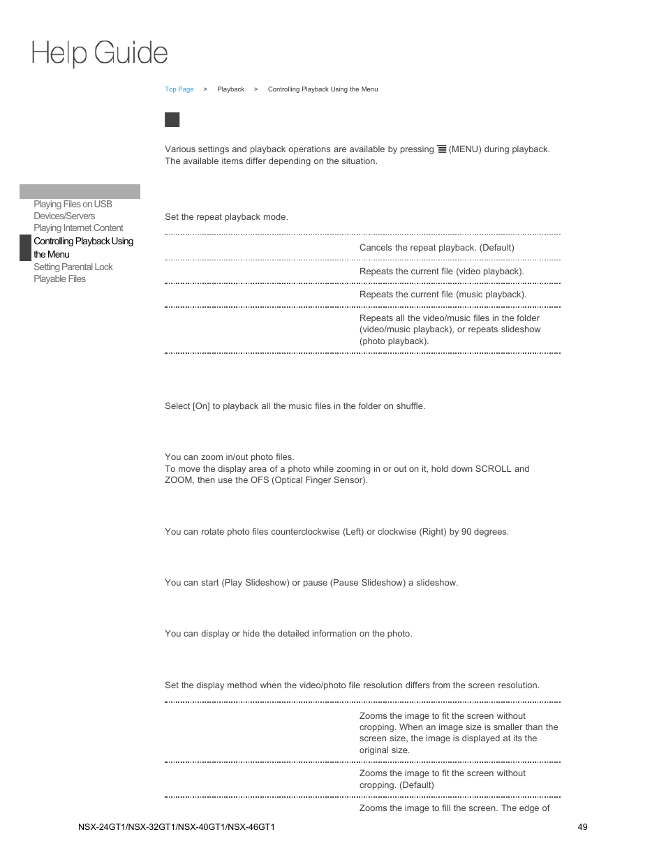 Controlling playback using, The menu, Controlling playback using the menu | Sony NSX-32GT1 User Manual | Page 49 / 103