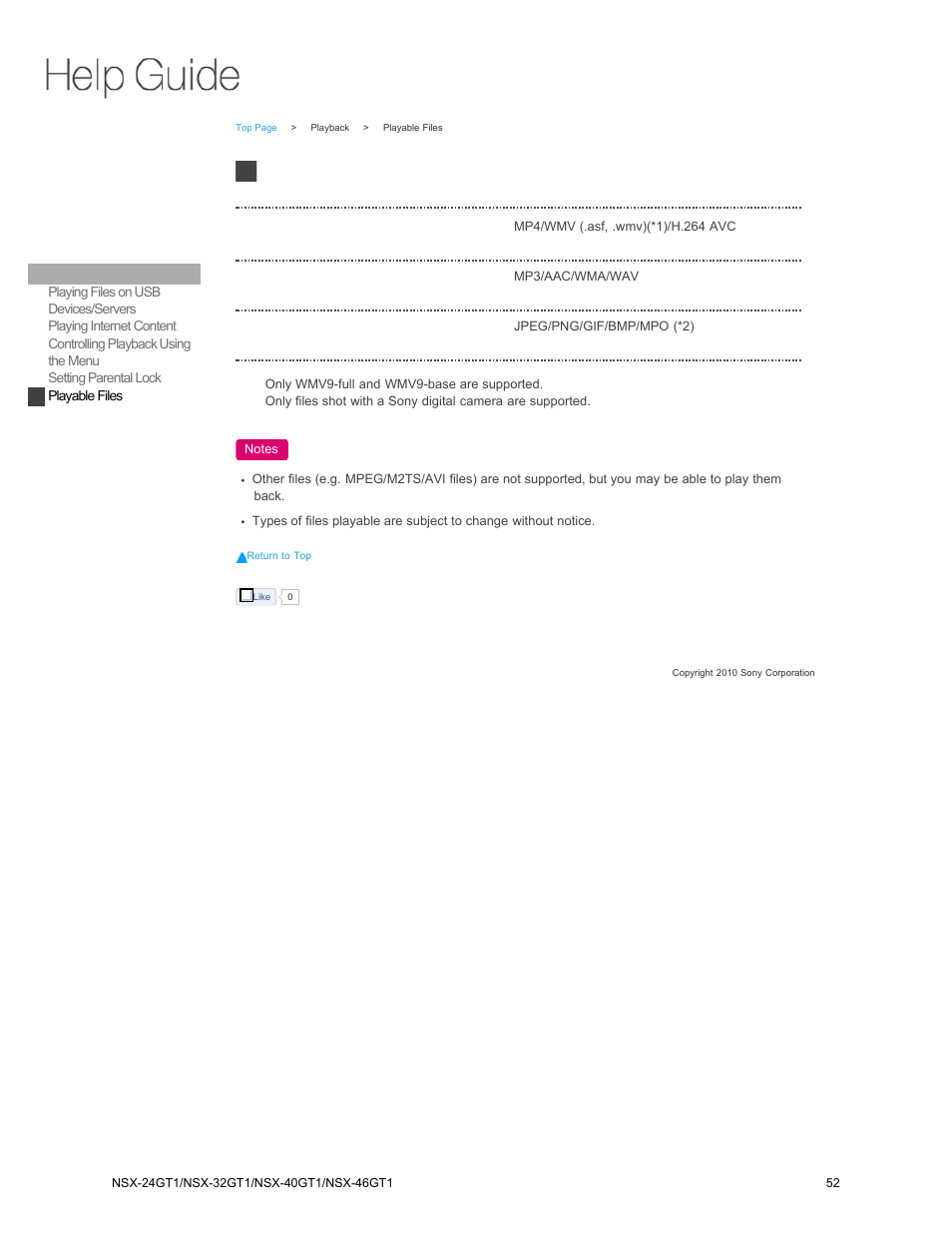 Playable files | Sony NSX-32GT1 User Manual | Page 52 / 103