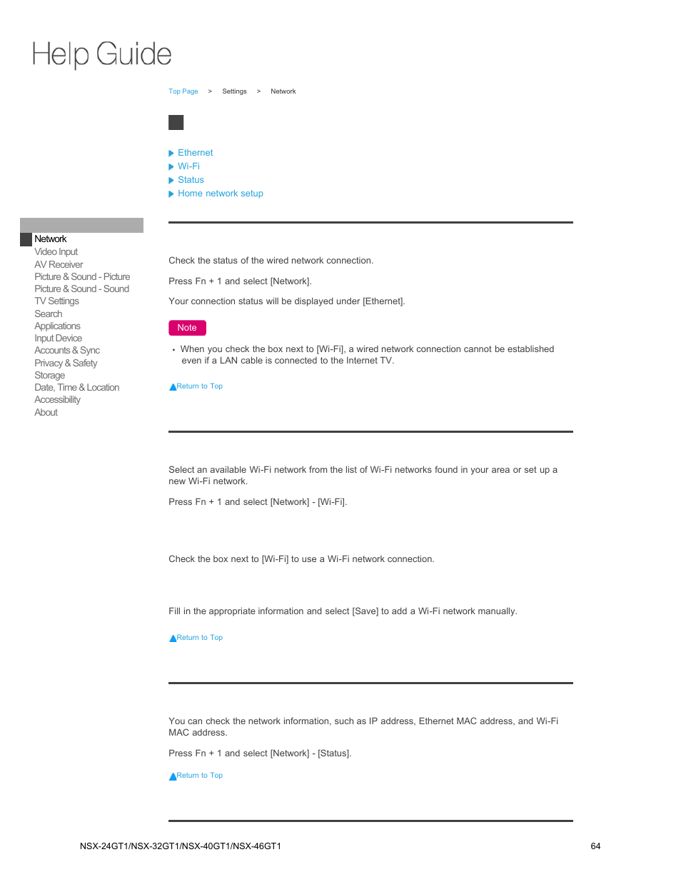 Settings, Network, Ethernet | Wi-fi, Status | Sony NSX-32GT1 User Manual | Page 64 / 103