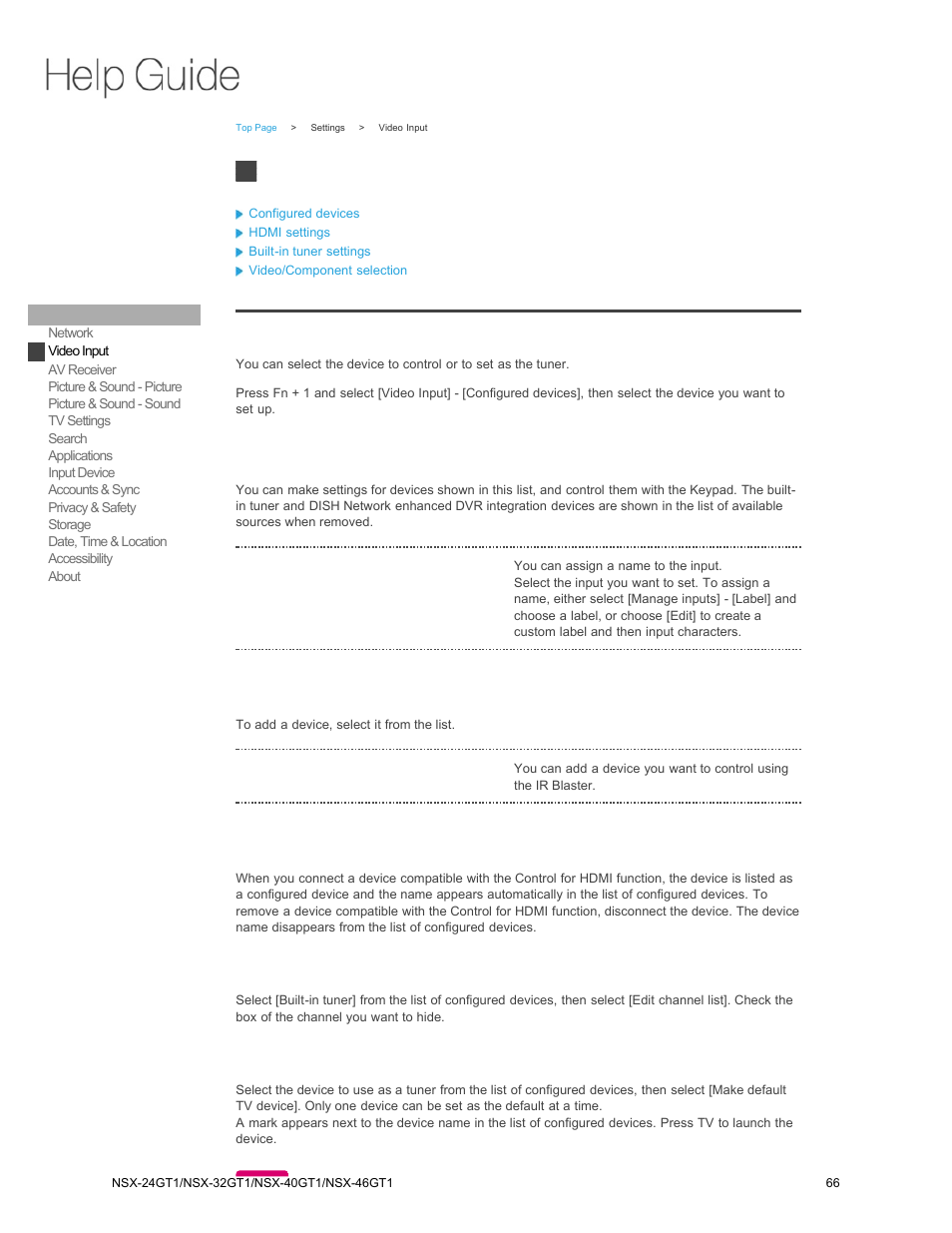 To select the device to launch using the tv key, Configured devices, Video input | Sony NSX-32GT1 User Manual | Page 66 / 103