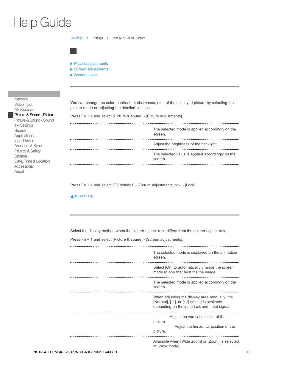 Screen adjustments, Picture & sound - picture, Picture adjustments | Sony NSX-32GT1 User Manual | Page 70 / 103