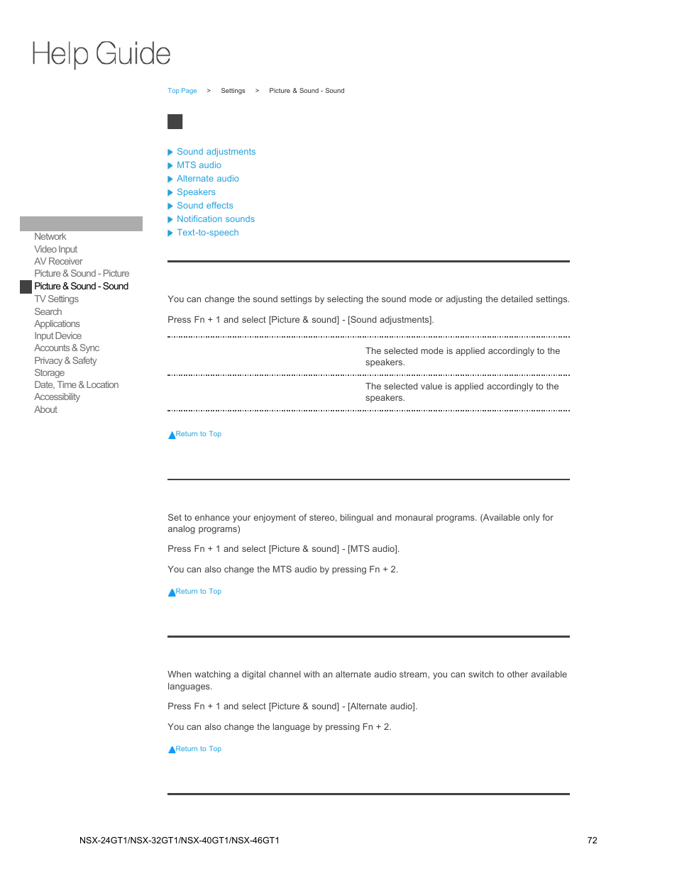 Picture & sound - sound, Sound adjustments, Mts audio | Alternate audio, Speakers | Sony NSX-32GT1 User Manual | Page 72 / 103