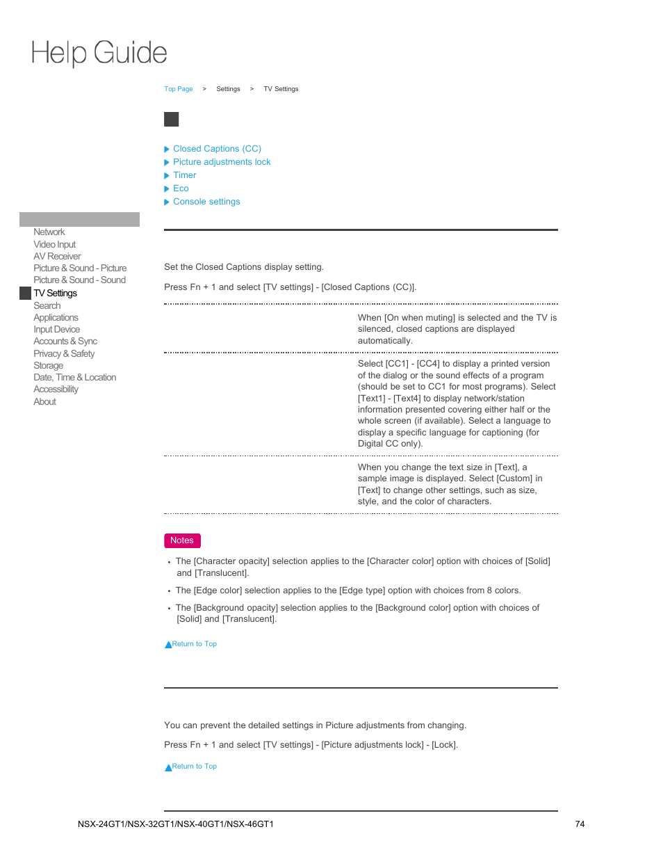 Closed captions (cc), Tv settings, Picture adjustments lock | Sony NSX-32GT1 User Manual | Page 74 / 103