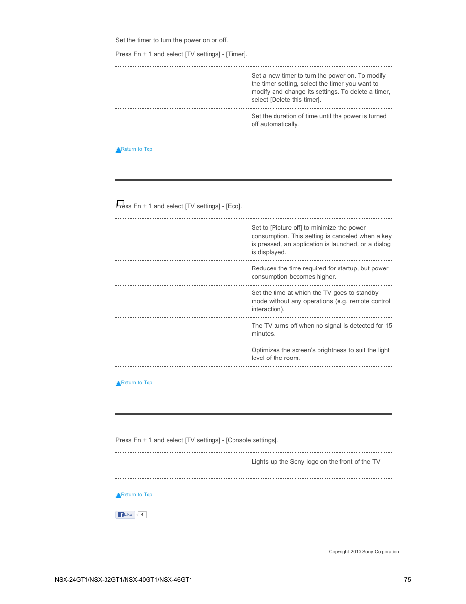 Timer eco console settings, Timer, Console settings | Sony NSX-32GT1 User Manual | Page 75 / 103