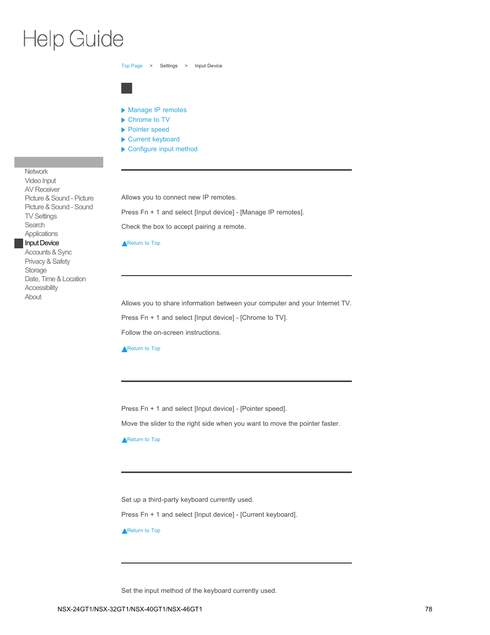 Input device, Manage ip remotes, Chrome to tv | Pointer speed, Current keyboard, Configure input method | Sony NSX-32GT1 User Manual | Page 78 / 103