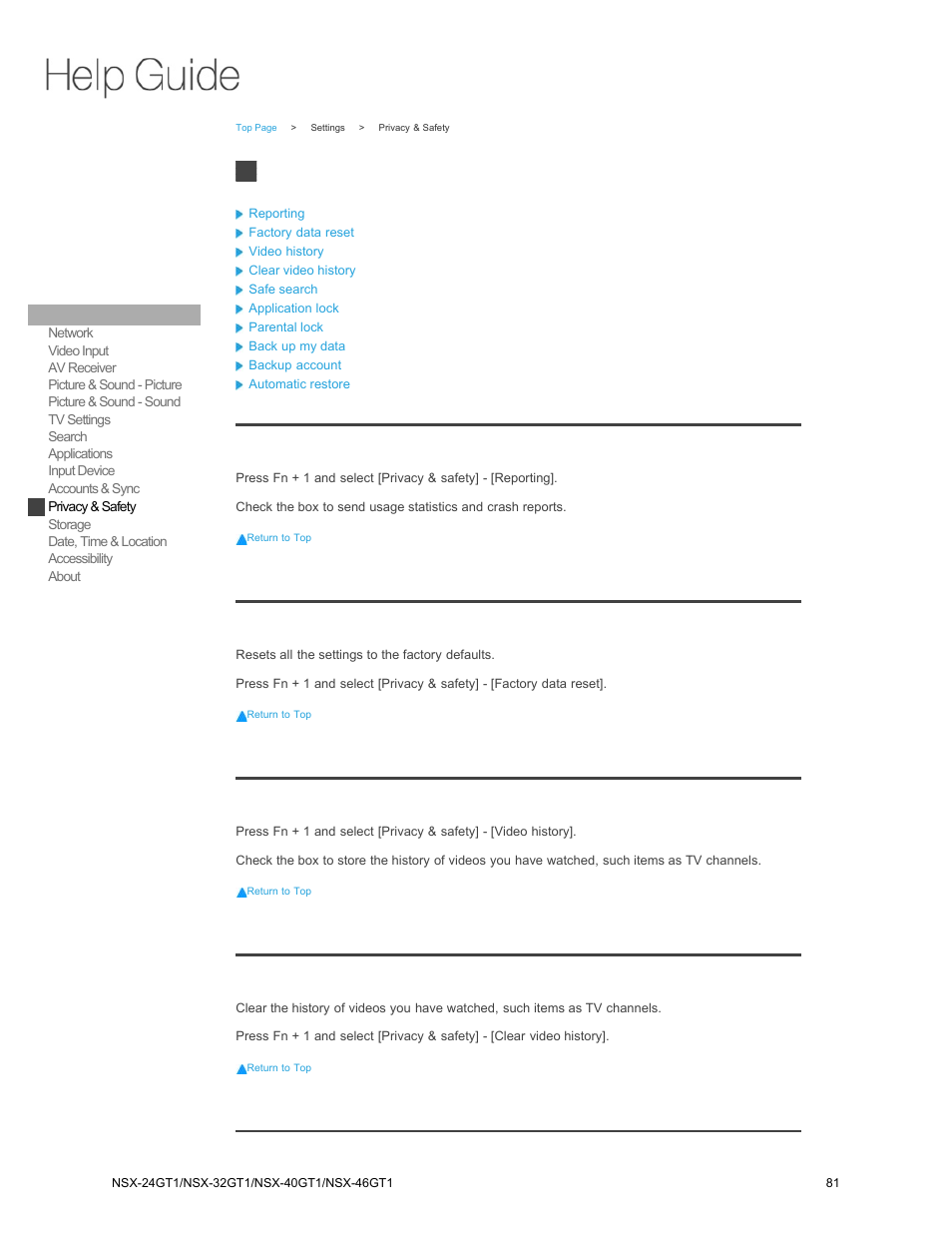 Privacy & safety, Reporting, Factory data reset | Video history, Clear video history, Safe search | Sony NSX-32GT1 User Manual | Page 81 / 103