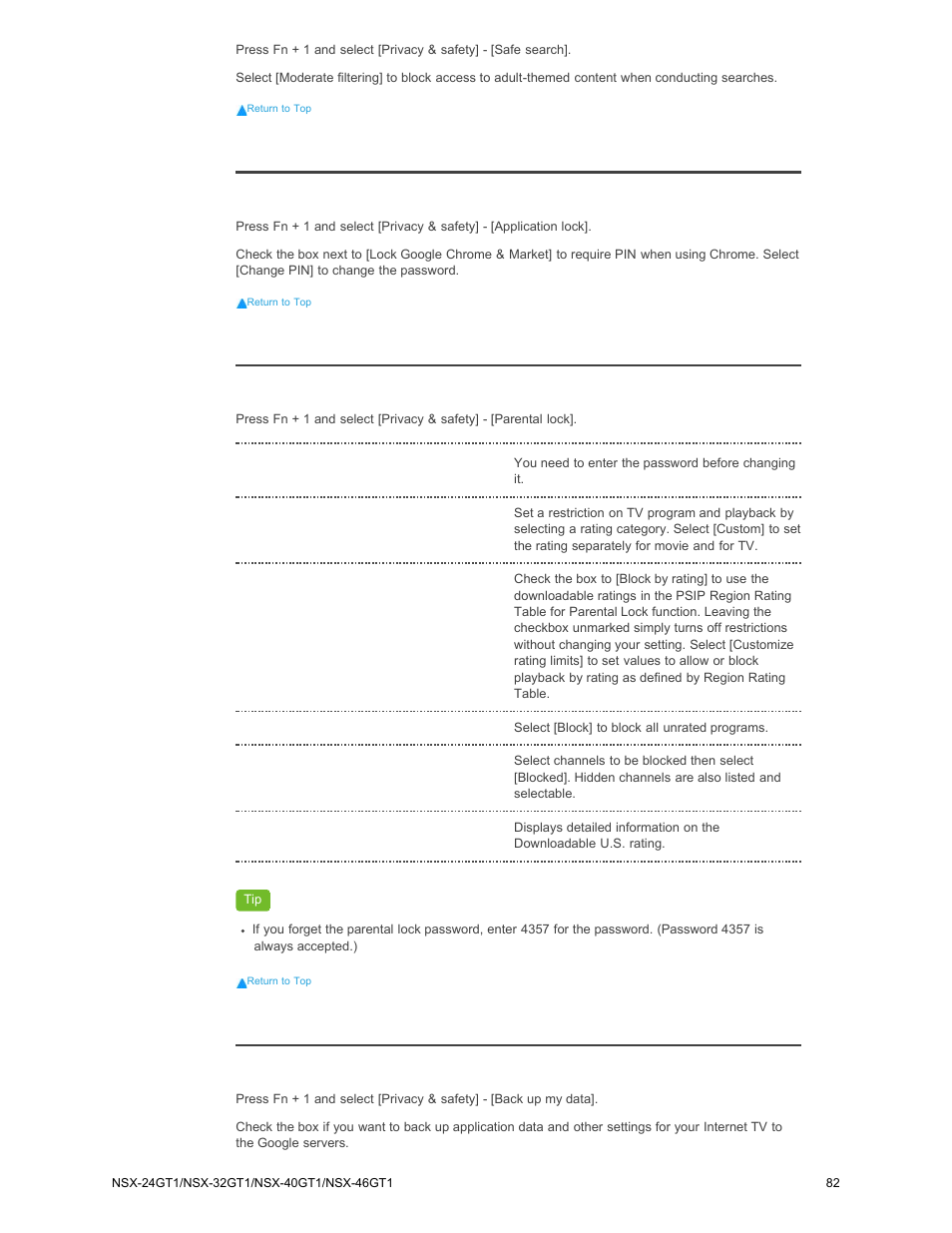 Parental lock, Application lock parental lock back up my data, Application lock | Back up my data | Sony NSX-32GT1 User Manual | Page 82 / 103