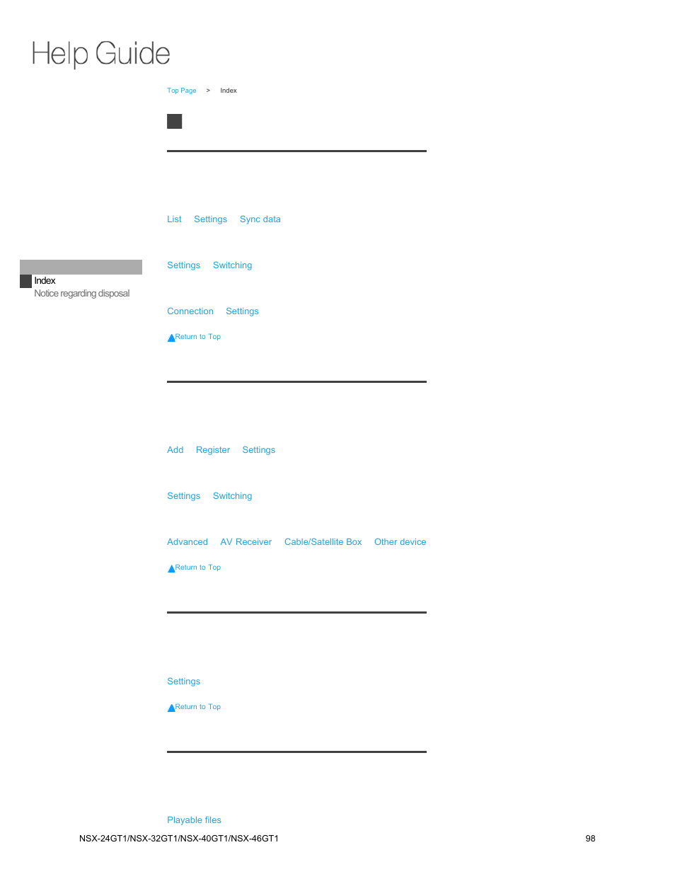 Others, Index | Sony NSX-32GT1 User Manual | Page 98 / 103