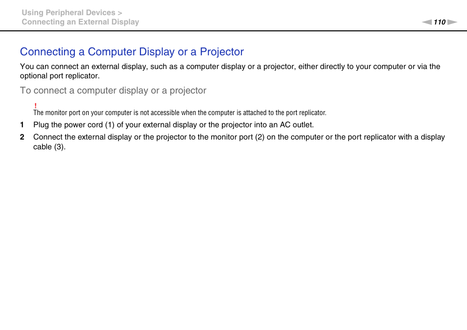 Connecting a computer display or a projector | Sony VPCSC1AFM User Manual | Page 110 / 210