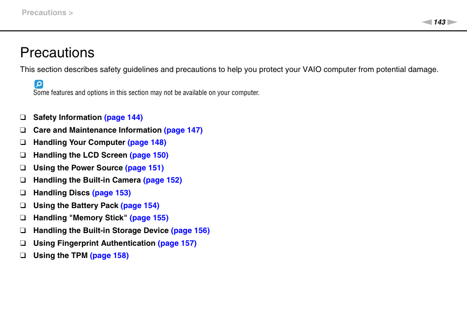 Precautions | Sony VPCSC1AFM User Manual | Page 143 / 210