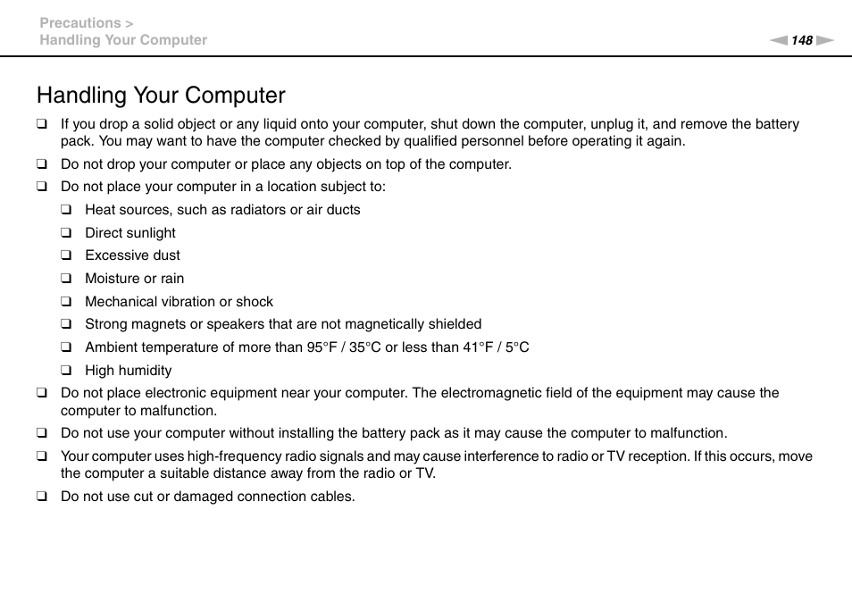 Handling your computer | Sony VPCSC1AFM User Manual | Page 148 / 210