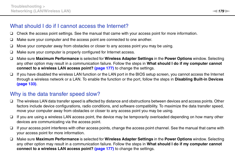 What should i do if i cannot access the internet, Why is the data transfer speed slow | Sony VPCSC1AFM User Manual | Page 179 / 210